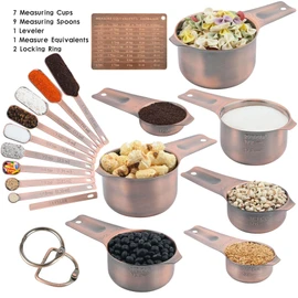 Smithcraft Measuring Cups and Spoons Set, Copper Measuring Cups and Spoons Set for Dry & Liquid, Metric&US 7 Stainless Steel MeasureR Cup&9 Spoon Leveler & Measure Enquivalents for Kitchen & Baking
