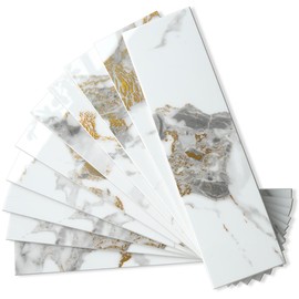 AULIGET 40-Piece Polished White Marble with Gold Peel and Stick Backsplash Wall Tiles, 3" x 12" PVC Faux Stone Stick on Tiles for Backsplash Kitchen, Bathroom, Laundry Room, Camper, Fireplace