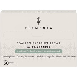 Elementa Toallas Faciales Secas Extra Grandes Desechables (Rostro Limpio y Sin Bacterias), Hipoalergénicas, 100% Biodegradables Toallitas Desmaquillantes, Skin Care 1 Paquete con 50 Toallitas.
