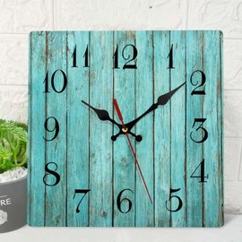 ArtSocket Wooden Wall Clock Silent Non-Ticking, Shabby Wood Beach Blue Teal Board Wooden Fence Square Rustic Coastal Wall Clocks Decor for Home Kitchen Living Room Office, Battery Operated(12 Inch)