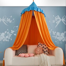 THREENTDAY Bed Canopy for Girls, Bedroom Decor Canopy Lotus Leaf Edge Dome Bed Curtain Color Block Castle Canopy (Blue Orange)