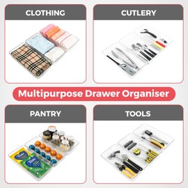 Amtido 3 Pack Drawer Organisers - Sturdy Clear Plastic Storage - Versatile Storage for Kitchen Cutlery, Bathroom, Utensils, Makeup, Office, and Desk Accessories (15.2cm x 30.5cm x 5.1cm)