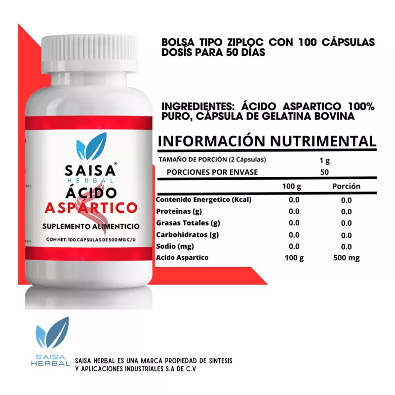 Saisa Herbal Ácido Aspártico Bolsa Con 100 Cápsulas Saisa Herbal.