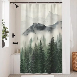 Ruelvth Mountain Shower Curtain, Green Misty Forest Shower Curtain Set Waterproof Nature Scenery Bathroom Decor with Hooks, 48x72 Inch