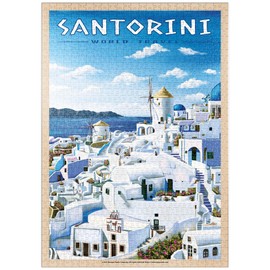 MyPuzzle Greece Santorini - In Blue and White, Vintage Travel Poster - Premium 1000 Piece Puzzle - MyPuzzle Special Collection by Havana Puzzle Company