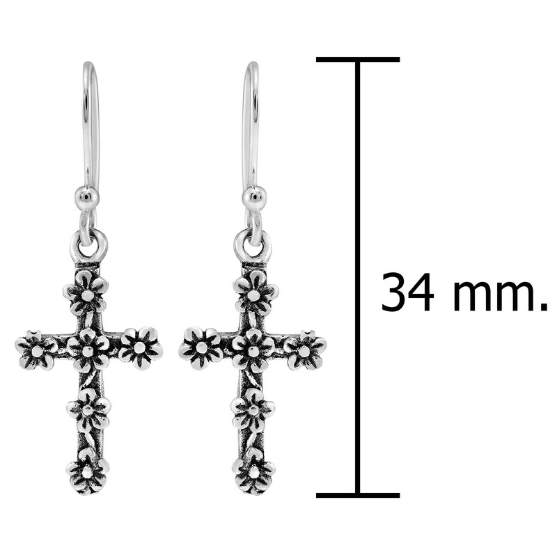 Pretty in Faith Floral Cross .925 Sterling Silver Dangle Earrings