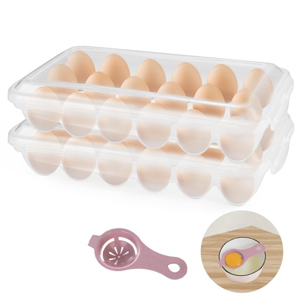 2 Pcs Egg Storage Container, Plastic Egg Dispenser with Lid, Stackable Refrigerator Egg Holder, Portable Transparent Egg Tray, Egg Protection & Keep Fresh, 18X2 Large Capacity (36 Grids in Total)