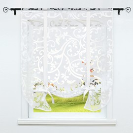 CORLIF Roman Blind with Drawstring, Kitchen Burnout Transparent Curtains, Modern Short Window Curtain with Tendrils Pattern, White, W x H 120 x 140 cm, 1 Piece