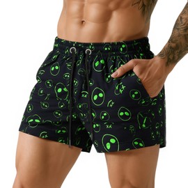 GINGTTO Mens Swimming Trunks with Mesh Liner Beach Shorts for Men 5 Inch Drawstring Alien M Green Black