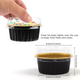 50 Pack Baking Cups with Lids, Aluminum Foil Cupcake Cups Muffin Liners, Disposable Foil Ramekins, Cupcake Holders Dessert Containers Mini Pudding Cups for Birthday, Christmas (Gold)