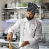 1 x black and white striped apron, 1 x chef's