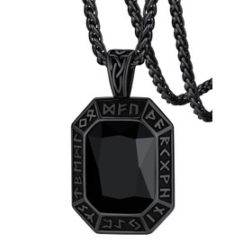 FaithHeart Onyx Jewellery for Men and Women, Stainless Steel Viking Rune Necklace with Onyx Stone, Protection Amulet for Mum, Dad, Lovers, Cubic Zirconia