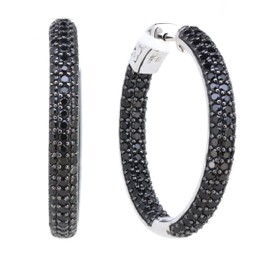 1.25" Sterling Silver Black Spinel Round Hoop Earrings (4.6 CT.T.W), Metal, Spinel