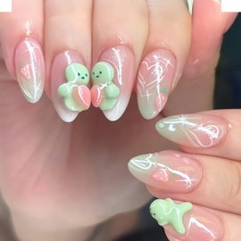 Glitter Press on Nails Short Almond Fake Nails with Strawberry Heart Design Full Cover Stick on Nails 3D Green Doll False Nails Artificial Acrylic Gradient Glue on Nails for Women Manicure 24 Pcs