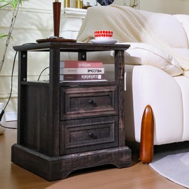 ALBAD 18" Farmhouse Nightstand with Charging Station,2 Drawers End Table,Wood Side Table with Open Shelf,Bedside Cabinet for Bedroom,Living Room,White