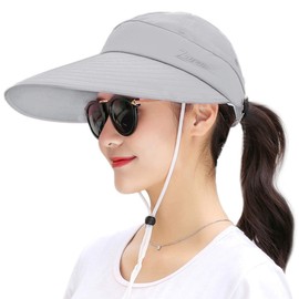 Women Sun Wide Brim UV Protection Fishing Hats Foldable Ponytail Summer Hat with Detachable Flap, Gray, One Size