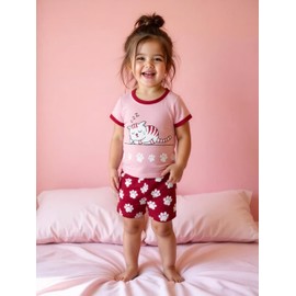 Popshion Little Girls Kitty Pajamas Short Sleeve 100% Cotton Toddler Pjs Cat Sleepwear Cat Outfits Summer Clothes Sets Size 3/6792