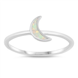 White Simulated Opal Crescent Moon Simple Ring New .925 Sterling Silver Band Size 7