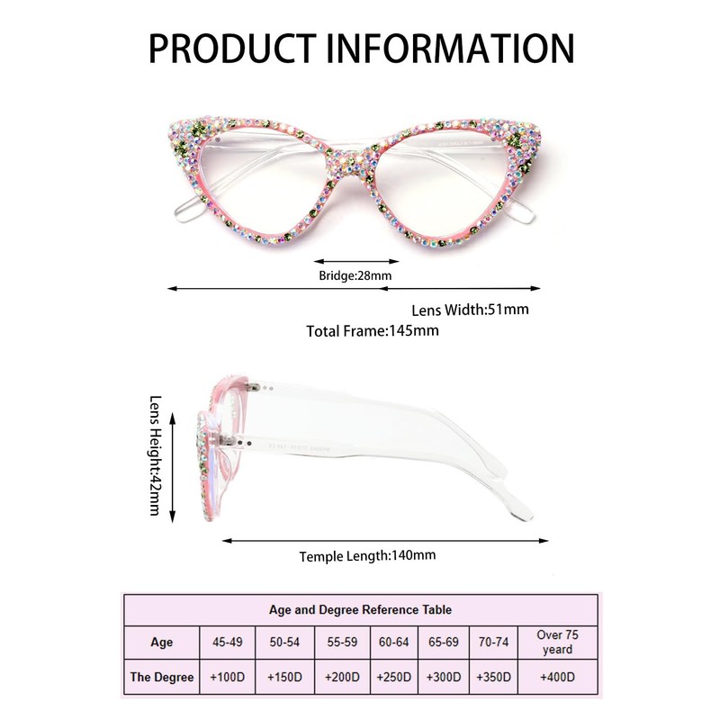 ICARA Bling Crystal Cat Eye Reading Glasses Rhinestone Blue Light