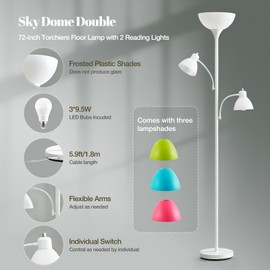 Luvkczc Floor Lamps for Living Room, 72" Tall Standing Floor Lamp with 5 Replace Lampshades, Torchiere Lamps with 8W Adjustable Reading Lights, White Modern Lamp or Bedroom, Office, Bulbs Included