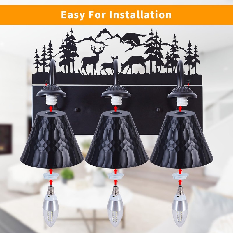 Rustic 3-Light Black Vanity Light Fixtures with Deer Design, E12