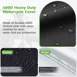 KALINCO Motorcycle Cover, 600D Waterproof Outdoor Motorcycle Cover, All Weather Rain Sun Snow Protection with Lock-Holes Motorcycle Tarp with Night Reflective Strips ＆ Storage Bag