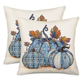 Easternproject Vintage Fall Pumpkin Pillow Covers 16x16 Inch Set of 2 Blue and White Porcelain Color Pillow Cases Autumn Maple Leaf Thanksgiving Harvest Outdoor Decorations Cushion Cover Couch