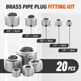 Ailbiuko 20 Pcs 304 Stainless Steel Pipe Plug Fitting Assortment Kit,1/8" 1/4" 3/8" 1/2" 3/4" NPT Male Internal Hex Thread Socket Pipe Plug,5 Sizes