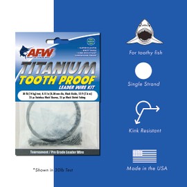 AFW Titanium Tooth Proof Single Strand Fishing Leader Kit, 50 lb - 25 ft Saltwater Leader Wire with 50 pcs Stainless Steel Crimp Sleeves & Shrink Tubes