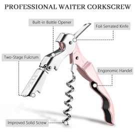 HYZ 2-Pack Wine Opener Waiter Corkscrew, Professional Wine Key for Servers, Bartender with Foil Cutter, Manual Wine Bottle Opener Double Hinged (Pink)
