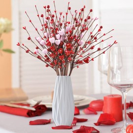 N&T NIETING 6 Branches Artificial Flowers Berry Twig Stem, Valentines Day Decorations, Heart Shaped Berry Picks Fake Flowers Bulk Valentine's Day Gifts Anniversary Wedding Home Decor(Mix)