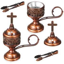 Zonon 2 Sets Incense Burner with Tong, Frankincense Charcoal Incense Stand Holder, Ideal for Yoga, Spa, Aromatherapy, Home and Christian Church Censer(Red Copper)
