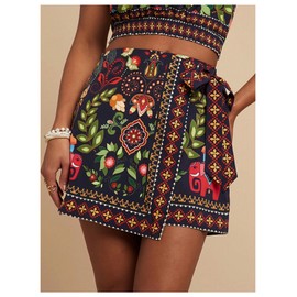MakeMeChic Women's Wrap Skirt Skort Summer Linen Skirt Vacation Boho Mini Short Skirts Boho Black Medium