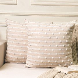 Chardin home Gardenia Pillow Cover, Handwoven Decorative Throw Pillow (Set of 2). Soft Warm Cotton Woven Square Pillow Covers for Couch Sofa Bedroom, Size: 18”x18”, Color: Beige/White