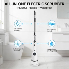 Cordless Electric Spin Scrubber, 1300mAh Battery & 3 Speeds, Extendable Handle (37.7-48"), 8 Brush Headssize: M, color: White