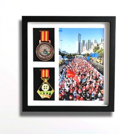 Marathon Medal Display Frame,2 Medal Display case,Medal Display Frame with Photo,Wooden Medal Shadow Box,for Marathon，Military，Blue Ball,Swim，Medal Frame Display(Black)