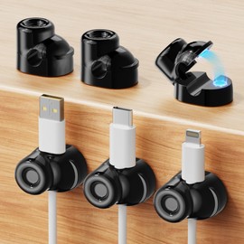 gliship 6 Pack Magnetic Cable Clips, Smooth Adjustable Cell Phone Cord Holder with Shoe-Shaped, String Light Clips for Home, Office, Wall, Nightstand, Birthday Banner, Colorful Lights-Black