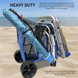Beach Cart Deluxe Heavy Duty Folding Ocean Utility Large Sand Wheels Holds 4 Folding Chairs Umbrella Holder Removable Storage Bag – Premium Blue Striped Pattern
