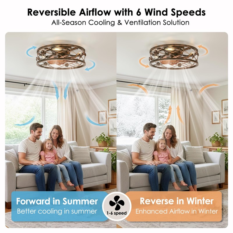 ropelux Caged Ceiling Fan with Lights, Rustic Farmhouse Low Profile