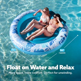 SLOOSH Inflatable Tanning Pool Lounger Float,72" x 65" Pool Floats Adult with Pillow,Luxury Fabric Large Suntan Tub Raft Floatie,Sunbathing Bed Lounge for Water Blow Up Kids Ball Pit Party Gifts,Blue