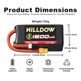 Hilldow 11.1V Lipo RC Battery 3S 100C 1600mAh Lipos Batteries Rechargeable with XT60 Connector for RC Car RC Boat RC Airplane Helicopter Drone FPV(2 Packs)