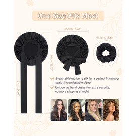 100% Mulberry Silk Bonnet for Women Hair Bonnet for Sleeping with Hair Scrunchy Elastic Tie Band Night Cap(Black)