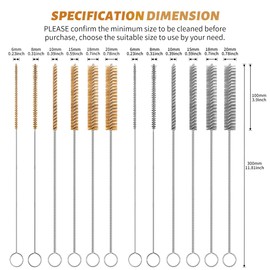 12-Pieces Brass Wire Brush Stainless Steel Wire Brush Set 12" Long Bottle Brush Tube Cleaning Brush Bore Brush for Tubes, Bottle, Auto Parts (6mm/8mm/10mm/15mm/18mm/20mm)