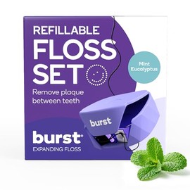 BURST Refillable Dental Floss Dispenser Set - Mint Eucalyptus Aroma - Expanding Floss - Stain-Absorbing, Woven Tooth Floss - Lavender Case + 32 Yards Charcoal Floss