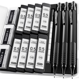 Four Candies 0.5mm Mechanical Pencil Set with Case, Metal Artist Pencil with 8 Tubes (480pcs), HB Leads, 3 Erasers, 9 Eraser Refills Engineers, Writing, Drawing, Black