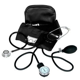 Dixie EMS Aneroid Sphygmomanometer and Dual Head Stethoscope Set with Adult Size Blood Pressure Cuff, Calibration Key and Carrying Case – Black