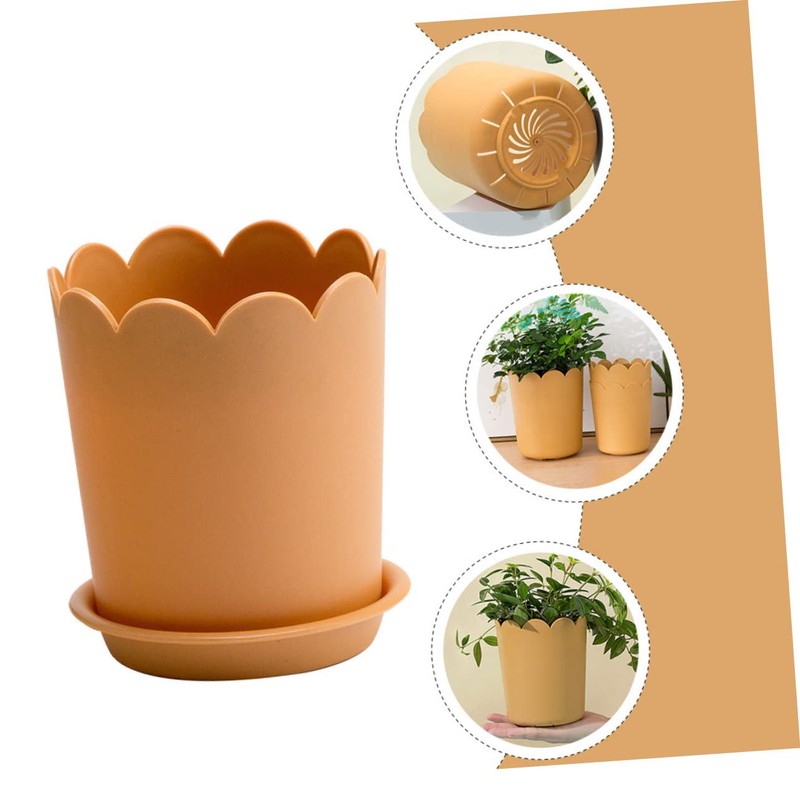 Sosoport 10sets Breathable Plastic Flowerpots with Tray Scalloped Design Nursery