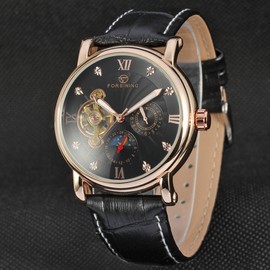 FORSINING Male Automatic Watch PU Leather Strap Analog Wristwatch(Black   Rose Gold)