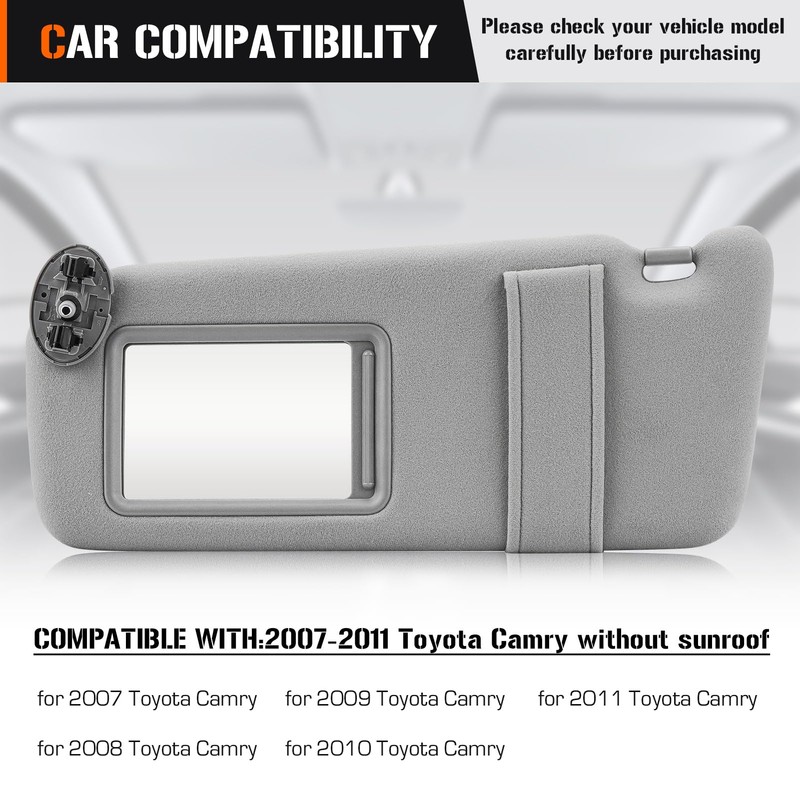 Sun Visor for 2007-2011 Toyota Camry Without Sunroof, Left Driver