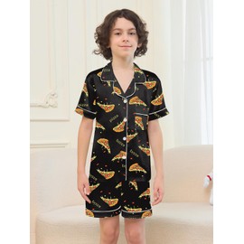 Umeyda Boys Silk Satin Pajamas Set Short Sleeve Sleepwear Pjs Set, Black Yellow Pizza, 11-12 Years